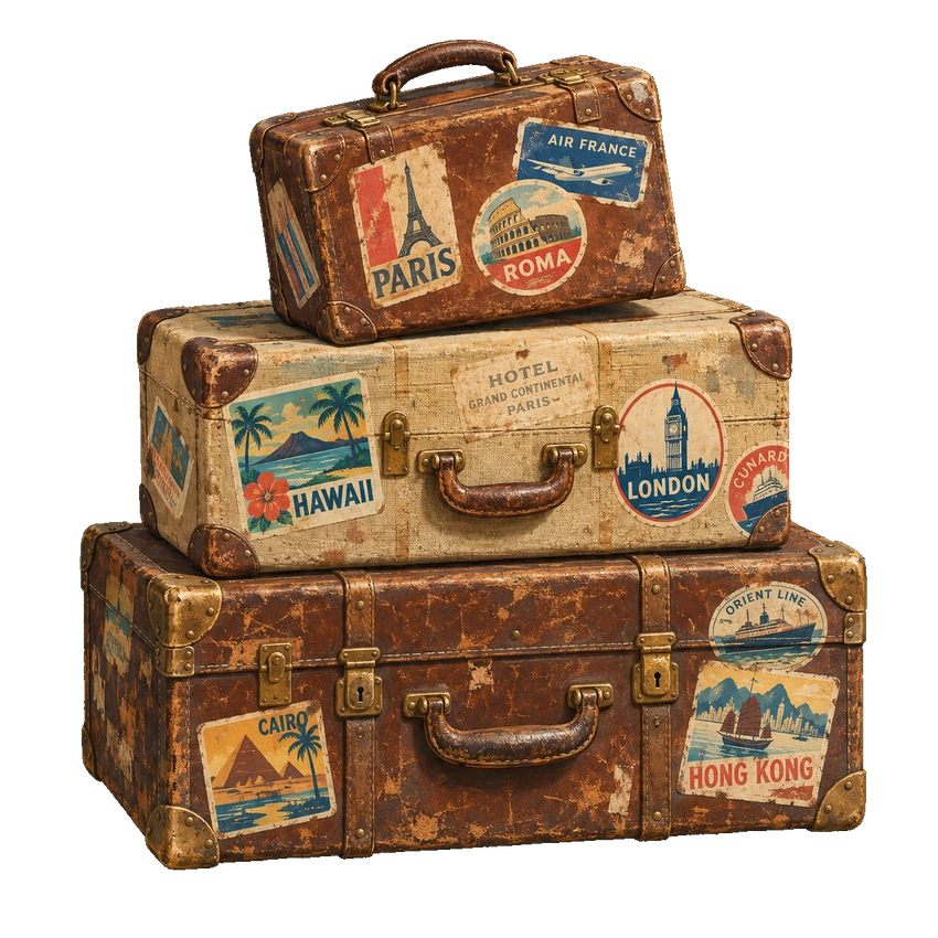A stack of well-traveled vintage suitcases with worn leather, brass latches, and colorful destination stickers